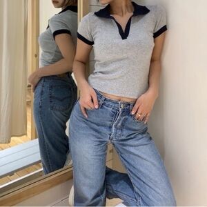 Brandy Melville Gray and Marine Blue Polo Top one size juniors
